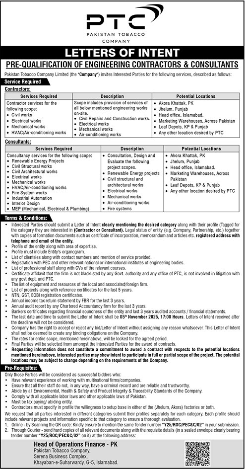 Pakistan Tobacco Company Islamabad Tender Notice